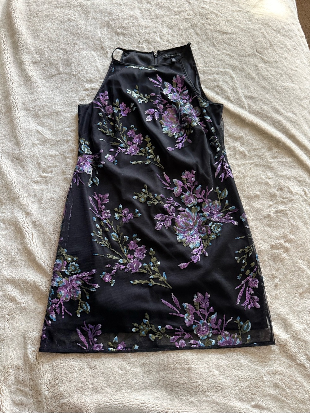 WHBM Black Floral mesh Halter Dress with Purple sequin flower embroidery 6